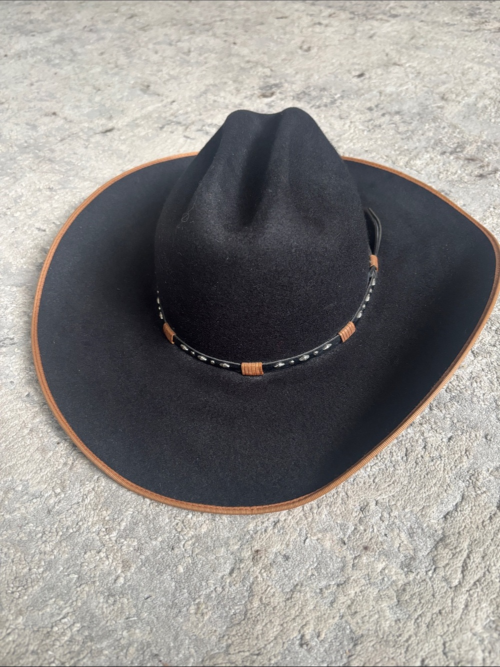 Men's Black wool Western Cowboy Hat with Brown Trim and Beaded Band